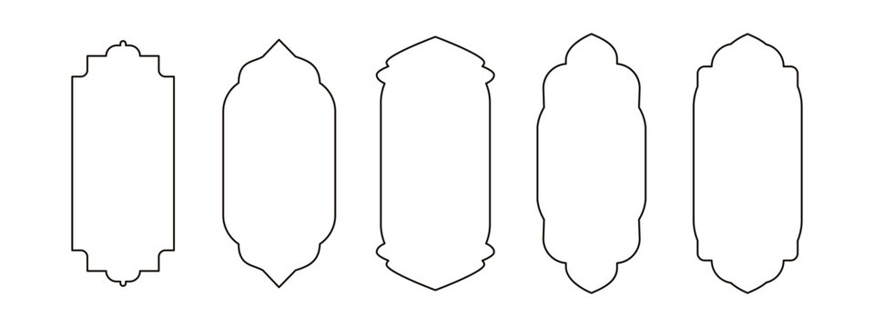 Set of oriental style Islamic ramadan kareem and eid mubarak windows and arches, door mosque, mosque dome and lanterns. Vector illustration isolated on white background