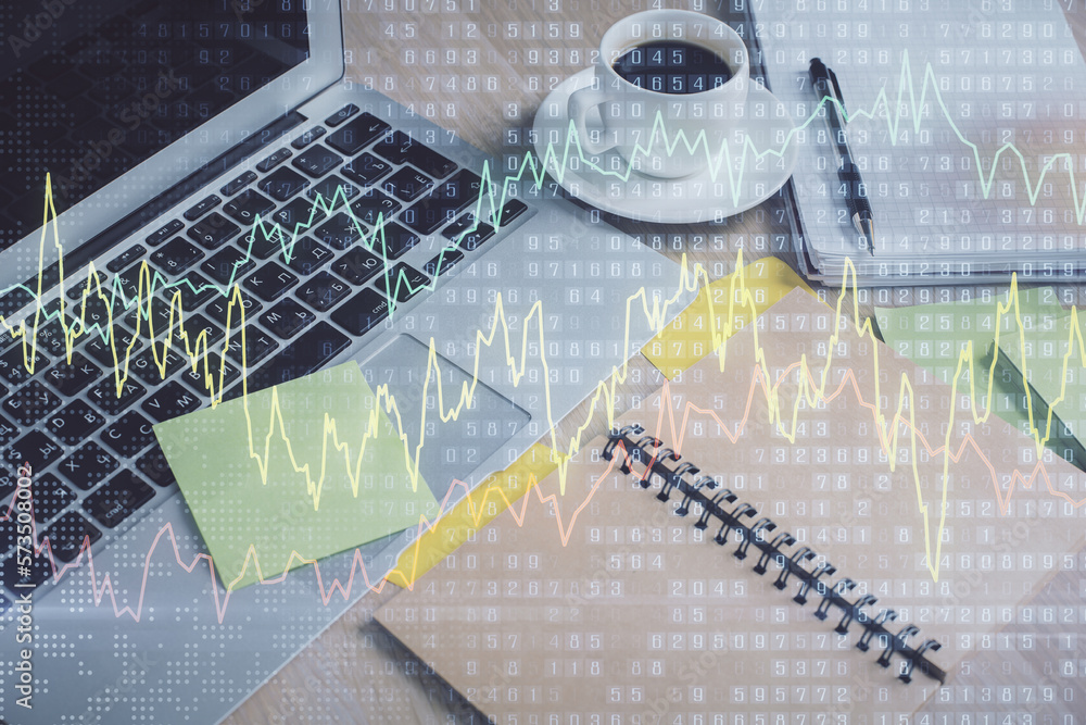 Poster Multi exposure of forex graph drawing and desktop with coffee and items on table background. Concept of financial market trading