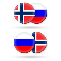 Norway and Russia circle flags. 3d icon. Round Russian and Norwegian national symbols. Vector illustration.