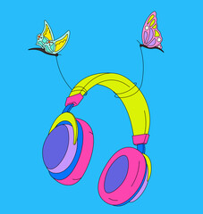 Butterflies holding headphones in the sky 