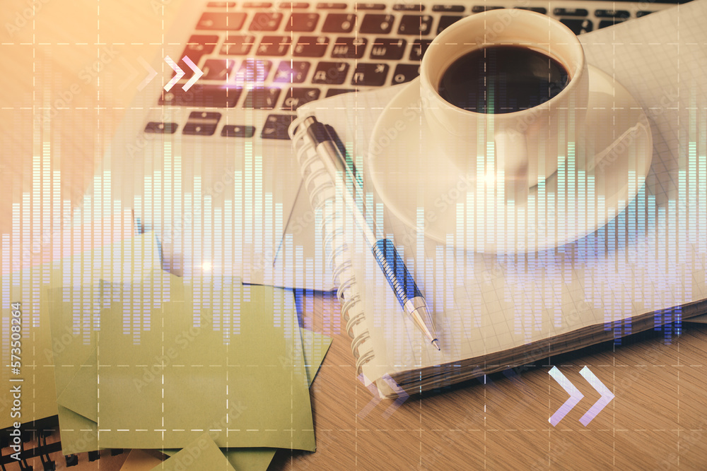 Aufkleber double exposure of forex chart drawing and desktop with coffee and items on table background. concep