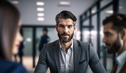 Naklejka premium Successful mature businessman looking at camera with confidence. generative AI digital illustration.