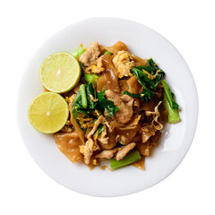 Thai food (Pad See Ew), Stir fried rice noodles with soy sauce, egg, kale and pork