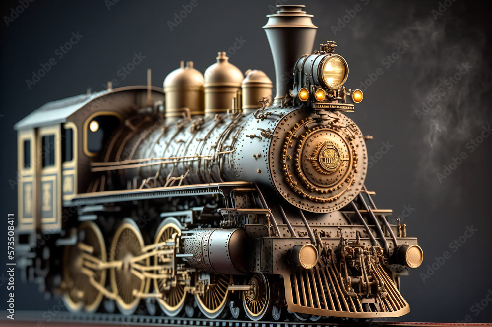 Poster model steam locomotive. fictional. created with generative ai technology.