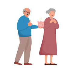 Old man and woman with a piggy bank happy about their savings.