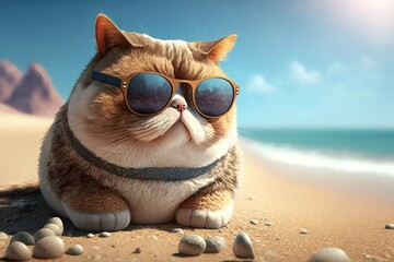 Meow on the Beach. Cool Cat at the Coast. Generative AI