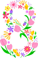 Number 8 design with flowers. Icon design. Happy womens day. Vector illustration.