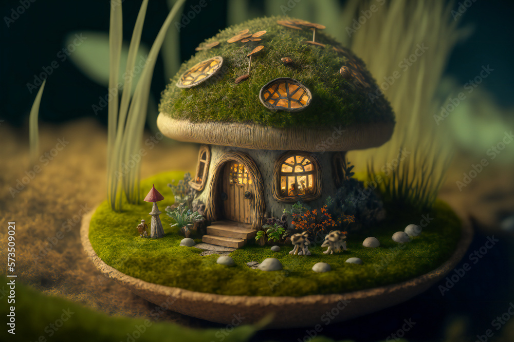 Poster cute little mushroom house, illuminated from inside. macro with shallow depth of field. created with