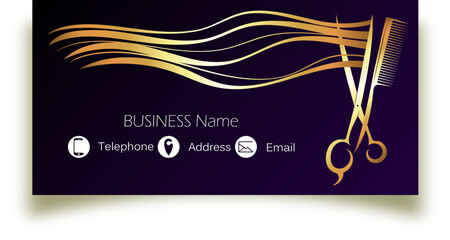 Scissors comb stylist and beautiful golden curls of hair. Business card concept for a beauty salon