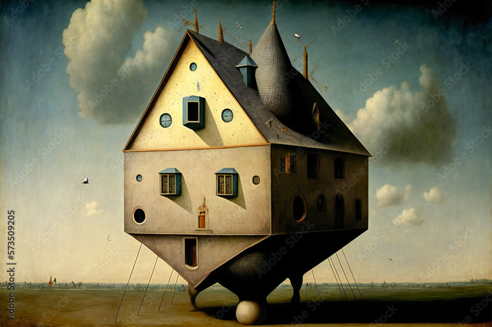 Poster surreal house, lonely house in a field. fictional architecture. created with generative ai technolog