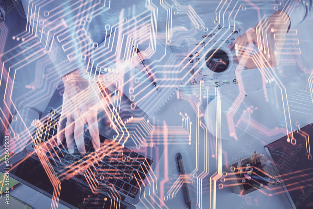 Poster Double exposure of man's hands typing over computer keyboard and tech theme hologram drawing. Top view. Technology concept.