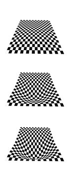 Distortion process of checkered planes in perspective. Warped tile floor. Set of curvatured checkerboard textures. Convex boards with squared pattern. Gravity phenomenon