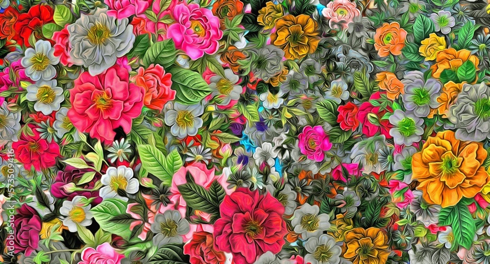 Poster computer graphics of abstract floral psychedelic background stylization of colored chaotic stickers 