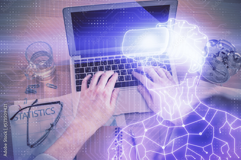 Poster Double exposure of man's hands typing over computer keyboard and virtual reality hologram drawing. Top view. Technology concept. Future.