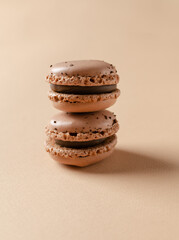 Beige (camel color) french macarons or macaroon (almond cookies) with chocolate chips on the same background. Copy space for text