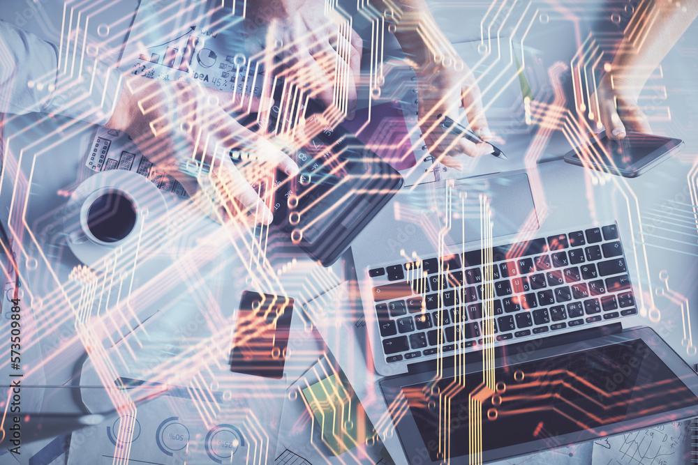 Poster double exposure of man and woman working together and technology theme drawing. computer background.