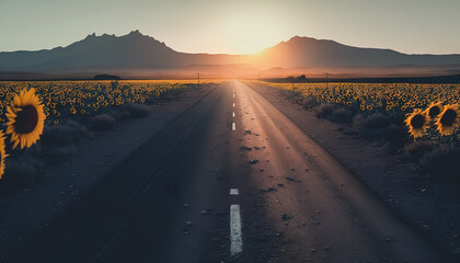 Fototapeta premium Highway among the field of sunflowers at sunset.