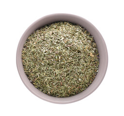 Bowl with dried thyme isolated on white, top view