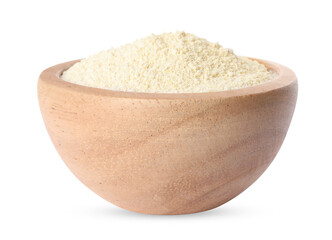 Quinoa flour in wooden bowl isolated on white