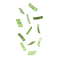 3D illustration of  green dollar notes falling down