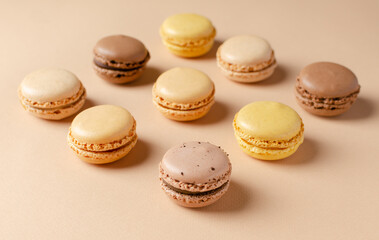 Pastel shades french macarons or macaroons (almond cookies) on the  background
