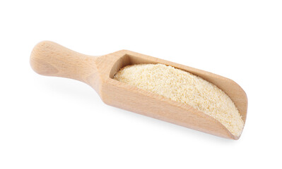 Wooden scoop with fresh quinoa flour on white background