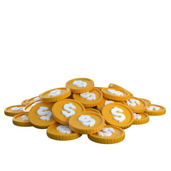 3D illustration of pile of golden coins with white dollar symbol