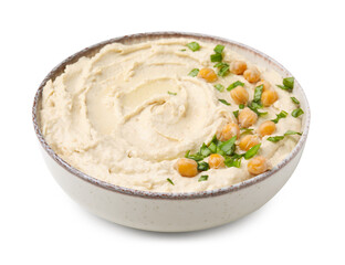 Bowl of delicious hummus with chickpeas isolated on white