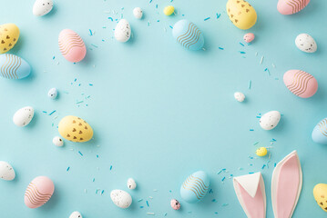 Easter composition concept. Top view photo of yellow white blue pink eggs easter bunny ears and sprinkles on isolated pastel blue background with copyspace in the middle