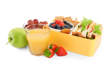Lunch box of tasty healthy food and glass with juice isolated on white. School dinner