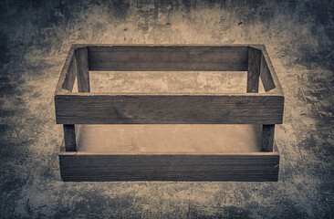 Empty wooden box on grunge background. Vintage style toned picture