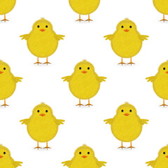 Seamless pattern with yellow chicken isolated on white background. Illustration.