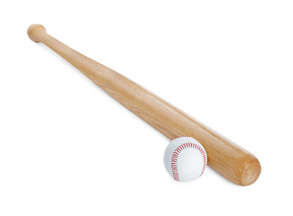 Wooden baseball bat and ball on white background. Sports equipment