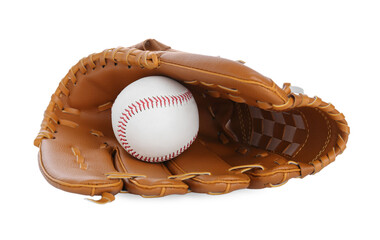 Leather baseball glove with ball isolated on white