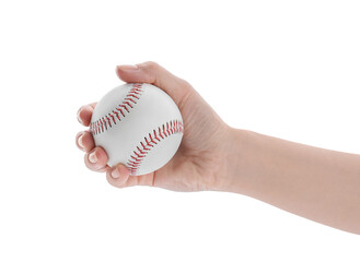Woman with baseball ball on white background, closeup
