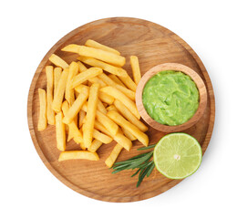 Tray with delicious french fries, avocado dip, lime and rosemary isolated on white, top view
