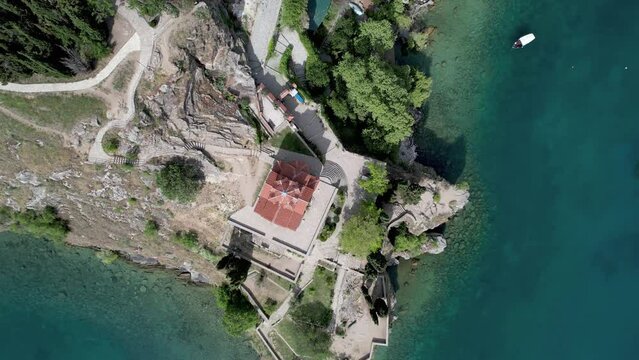 Aerial view of Church of St. John the Theologian -at Kaneo, Ohrid, Macedonia