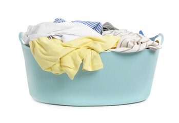 Plastic laundry basket full of clothes isolated on white