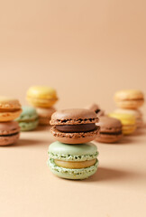 Pastel shades french macarons or macaroons (almond cookies) on the  background. Copy space for text