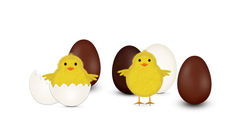 Easter eggs and chicks isolated on white background. Illustration.