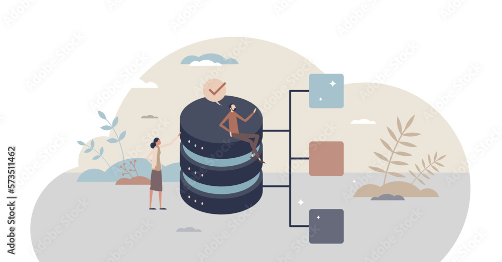 Fototapete database design as file system category organization tiny person concept, transparent background. in