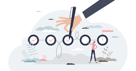 Completing project and effective task management plan tiny person concept, transparent background. Successfully completed part of checklist and progress is well done illustration.