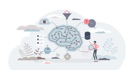 Generative AI or artificial intelligence data algorithm tiny person concept, transparent background. Technology analysis for effective automation and smart logic system learning.