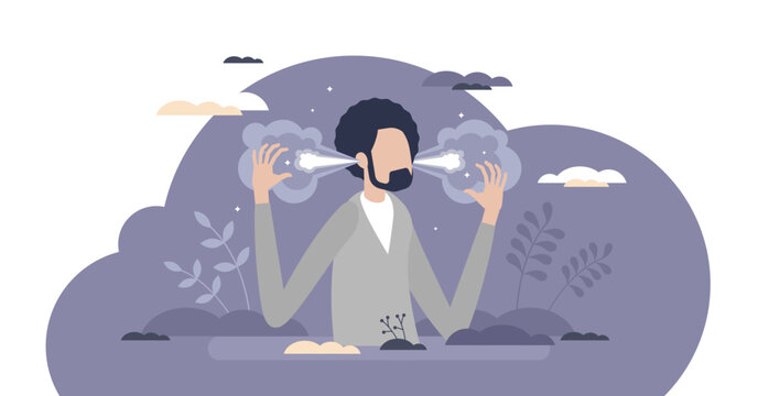 Angry man with anger emotion and mad steam out of ears from frustration and overload tiny person concept, transparent background. Temper and furious expression.