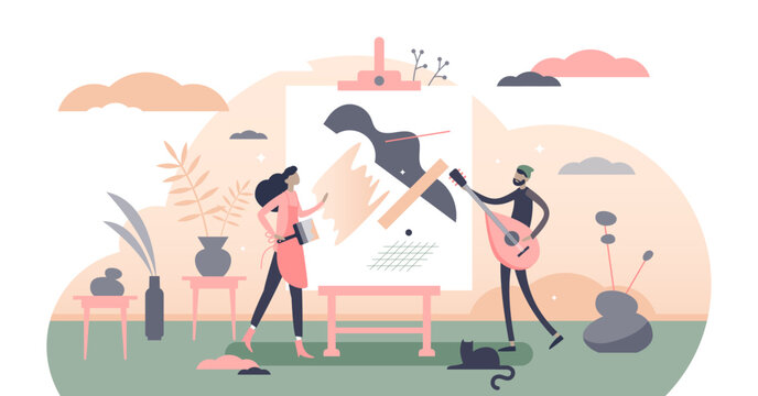 Arts collection as abstract creative self expression form flat tiny person concept, transparent background.