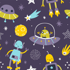 Naklejka premium Cute space pattern with alien robots for kids. Seamless cosmic vector print for boys textile and fabric.