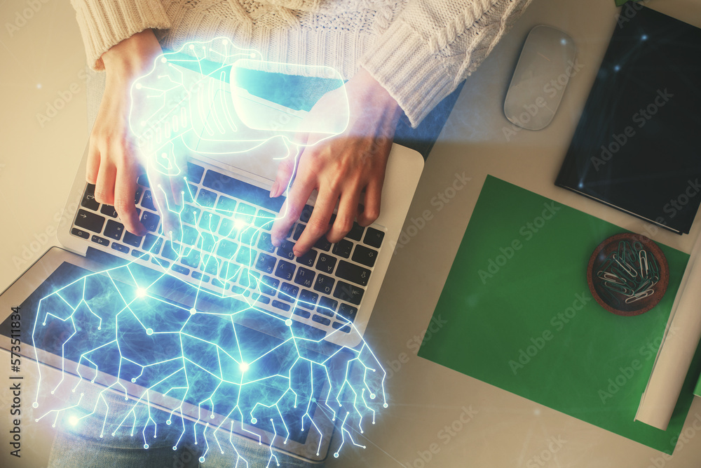 Poster double exposure of woman hands working on computer and man in ar glasses hologram drawing. top view.