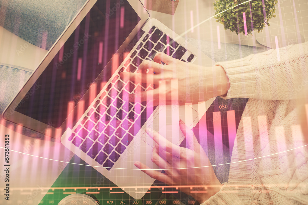 Poster double exposure of woman hands working on computer and forex chart hologram drawing. top view. finan