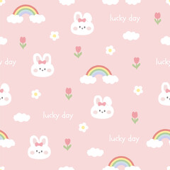 Cute kawaii seamless pattern. Cute Bunny. Rabbit and rainbow, flowers. Vector