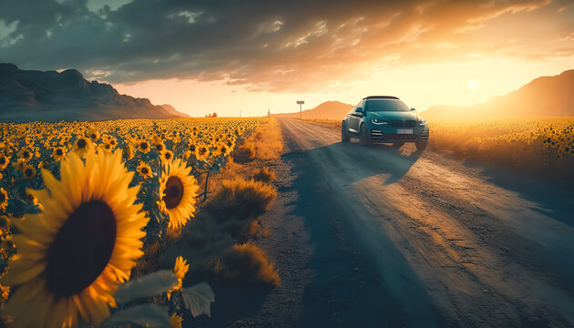 The car is driving along the road along the field of sunflowers.